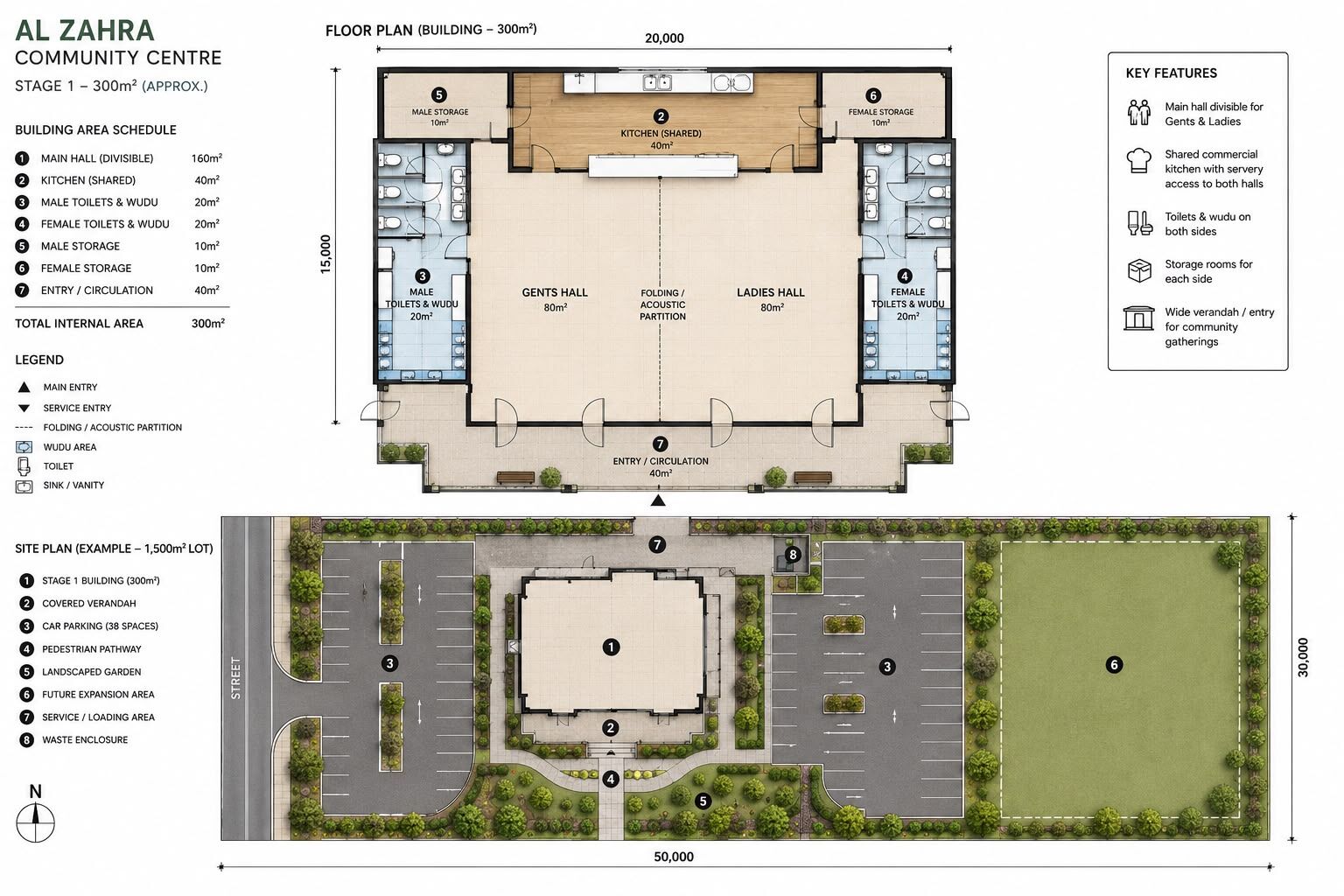 Al Zahra Community Centre — detailed floor plan and site plan