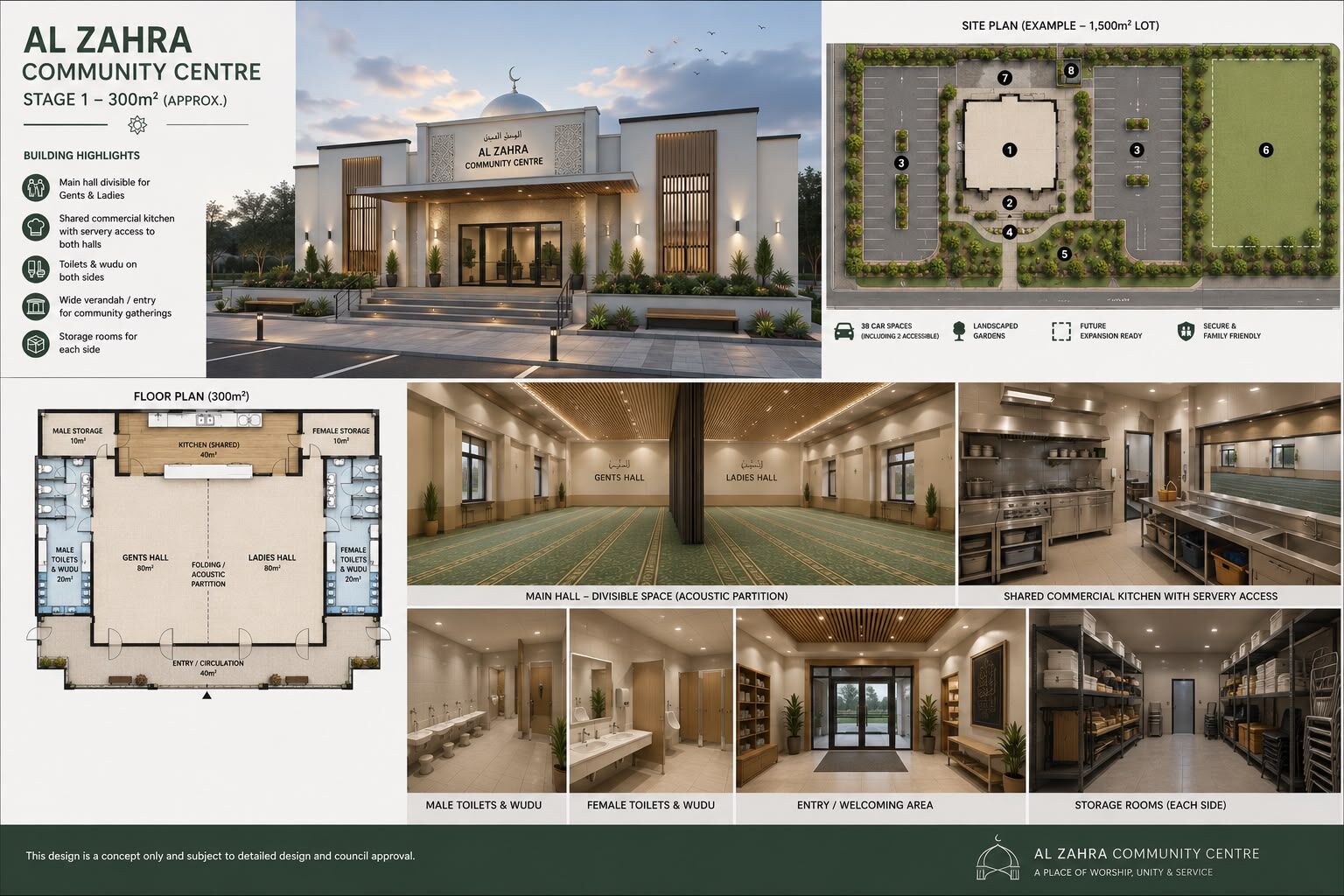 Al Zahra Community Centre — concept render, site plan and interior views